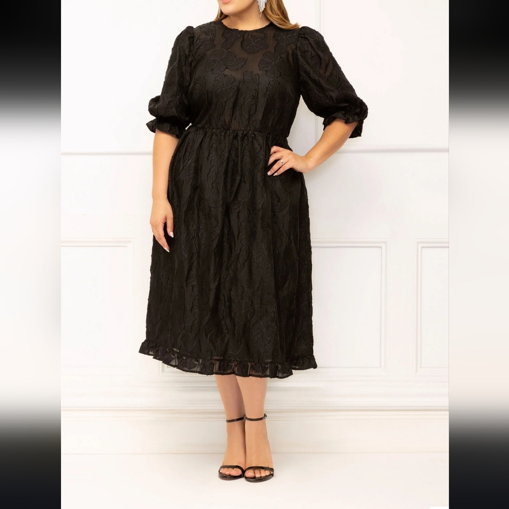 ELOQUII Elements Plus Size Jacquard Midi Dress with Slip Lining